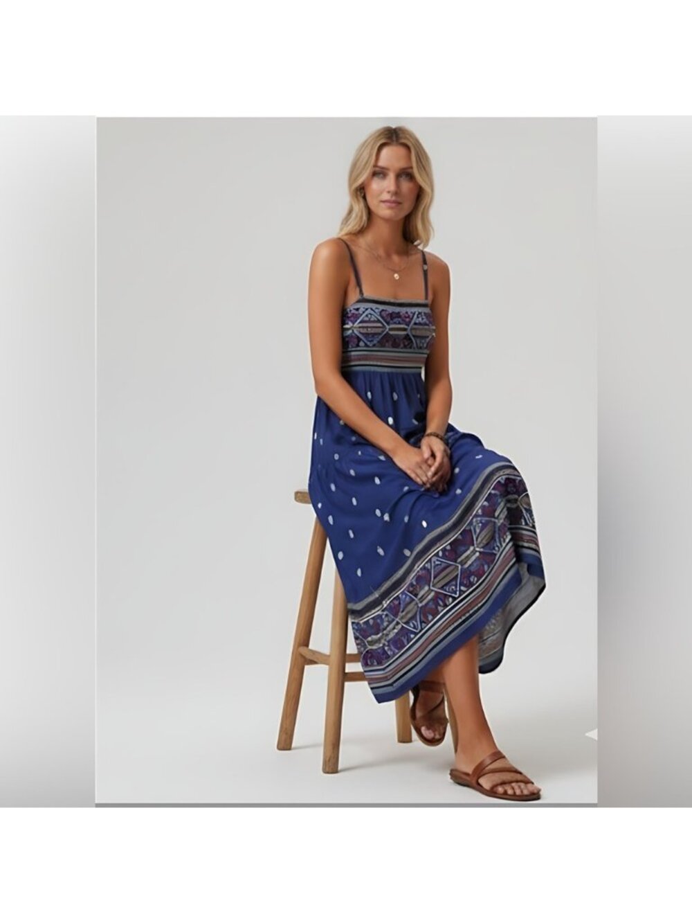 Blue Boho Geo Print Ruffle Hem Cami Dress - Picture 2 of 6